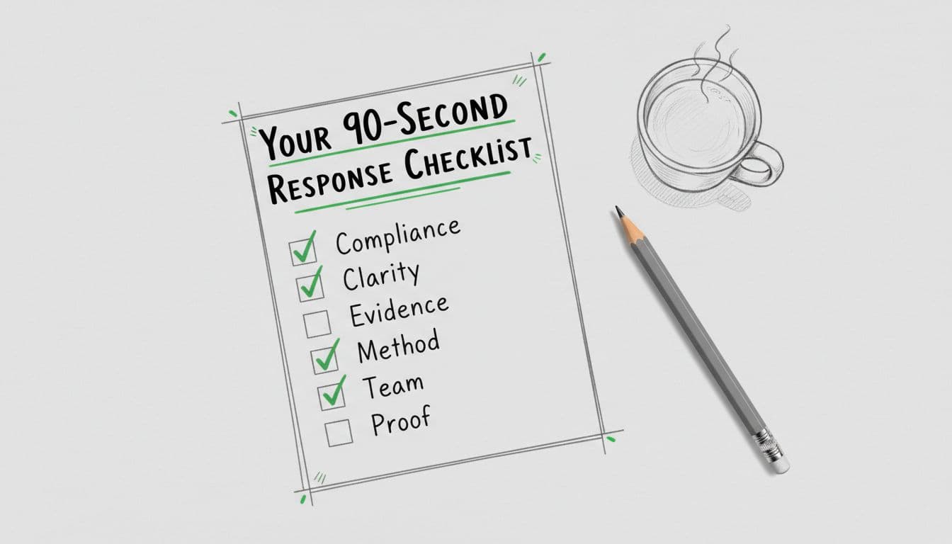 Top-down view of a desk with a printed tender response checklist showing ticked boxes for compliance, clarity, evidence, method, team, and proof, alongside a resting pen and coffee mug in the corner. Rendered in hand-drawn sketch style with graphite linework, light shading, and clean light gray paper background using #00BF63 for tick marks and accents.