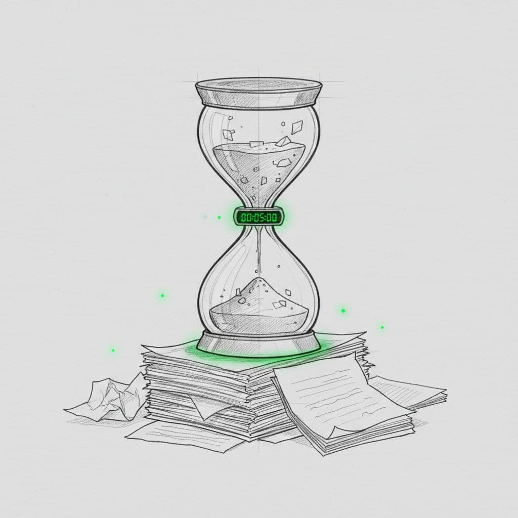 A graphite sketch of a digital hourglass timer resting on a stack of professional business documents.