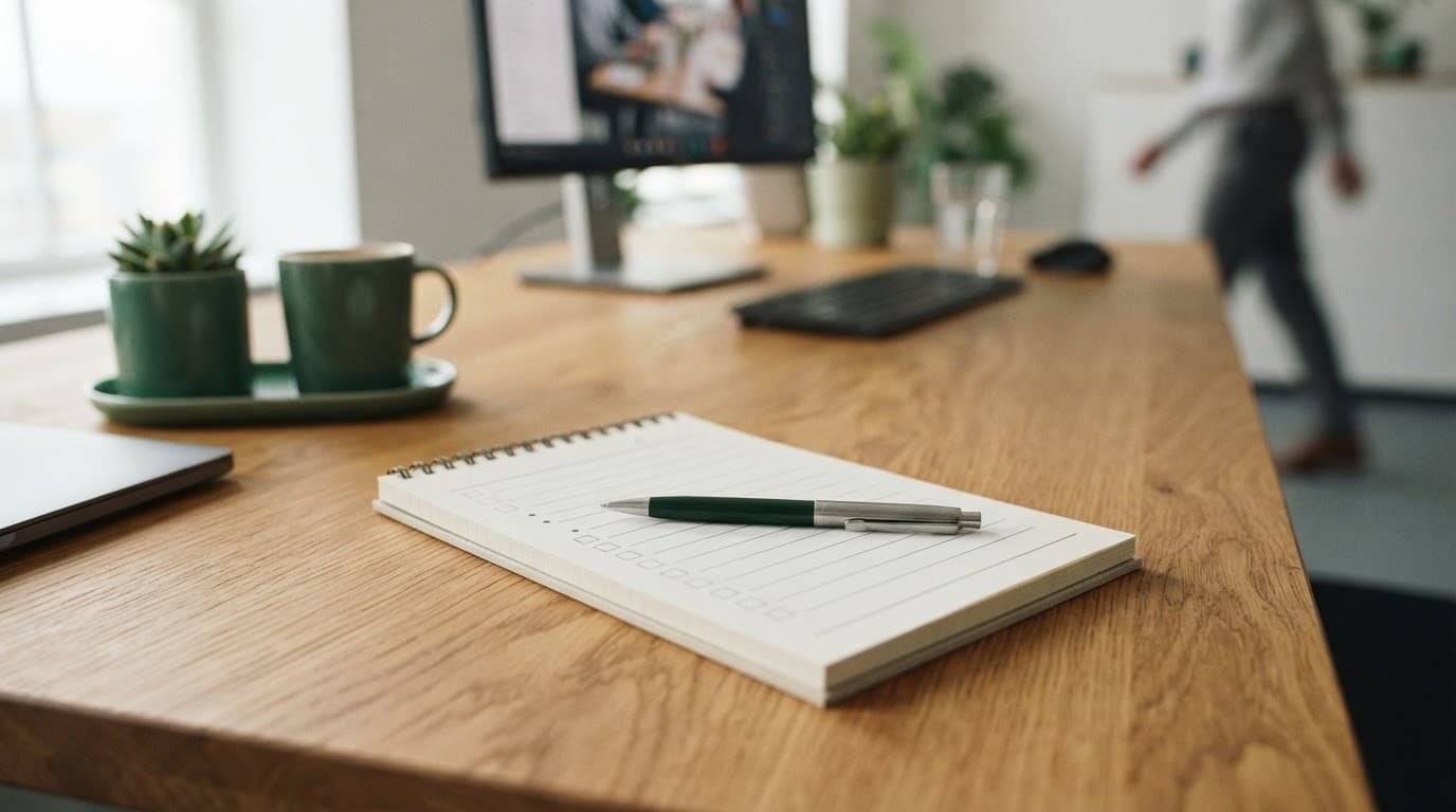 A checklist notepad and pen on a clean wooden desk under soft lighting.