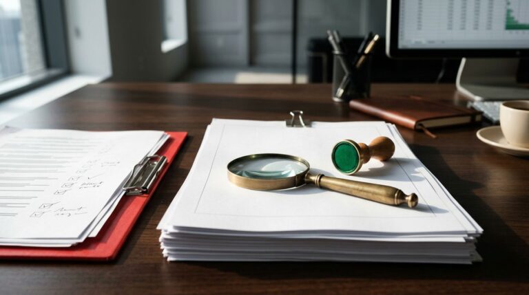 Tender documents, a red inspection folder, and a magnifying glass on a polished corporate desk.