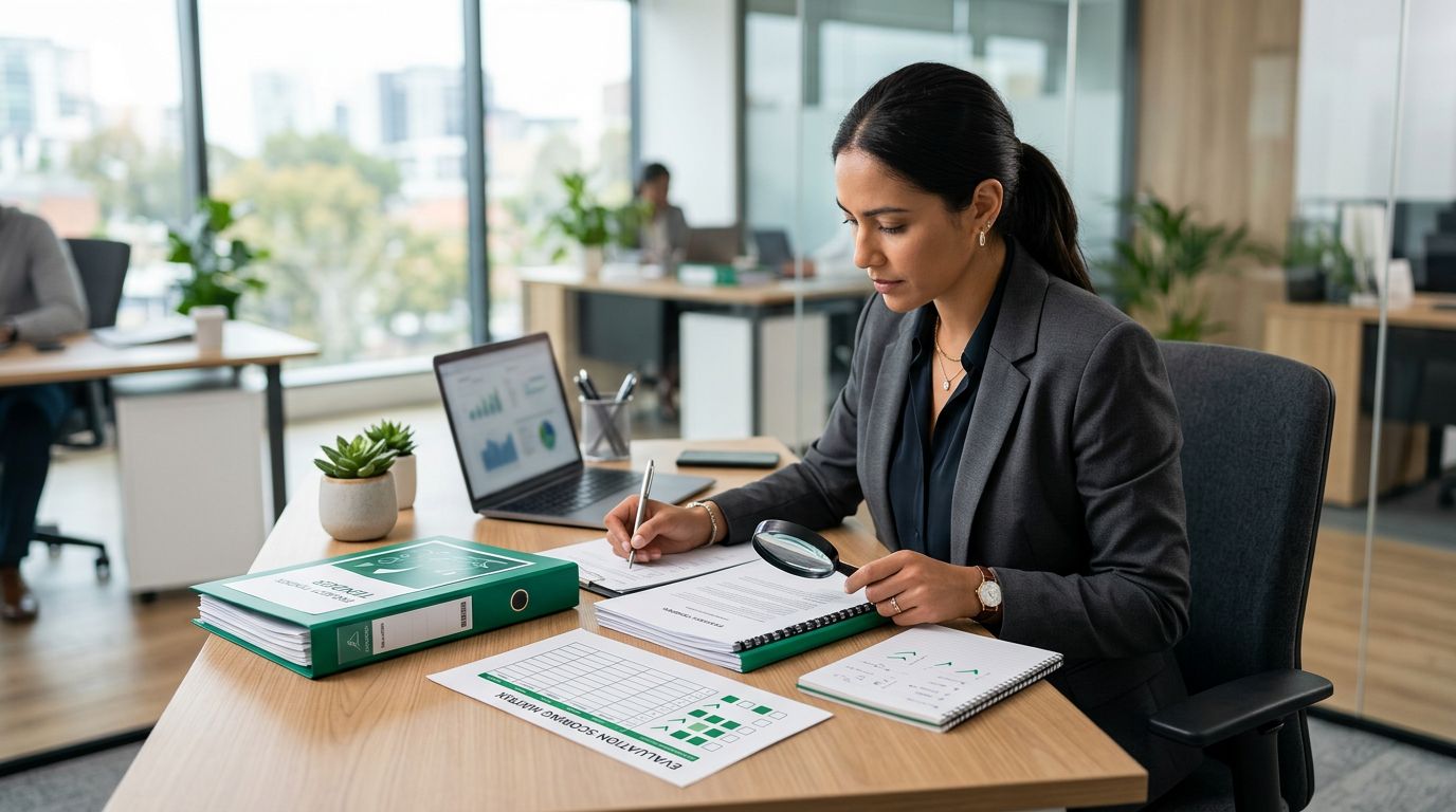 A professional reviewing tender documents and a scoring matrix at a tidy desk.