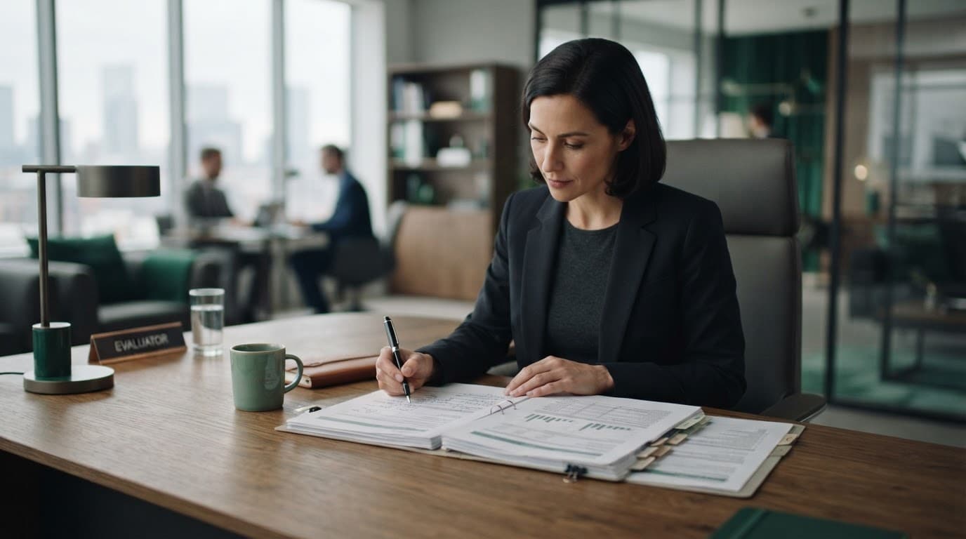 A neat wooden desk with a printed document and a pen in a modern office.