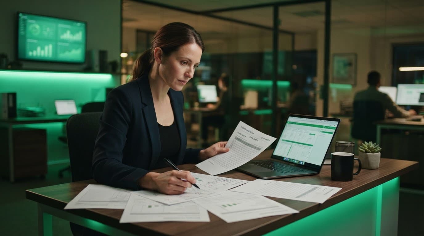 A professional reviews printed scoring sheets beside a laptop under green office lighting.