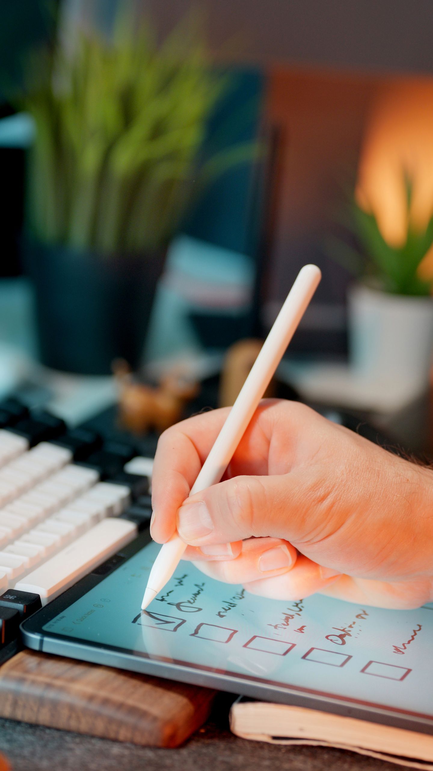 Close-up of hand writing on a digital tablet with a stylus in a modern workspace environment.