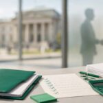 Green tender folder, checklist, calculator, and contract papers on a desk near a civic building.