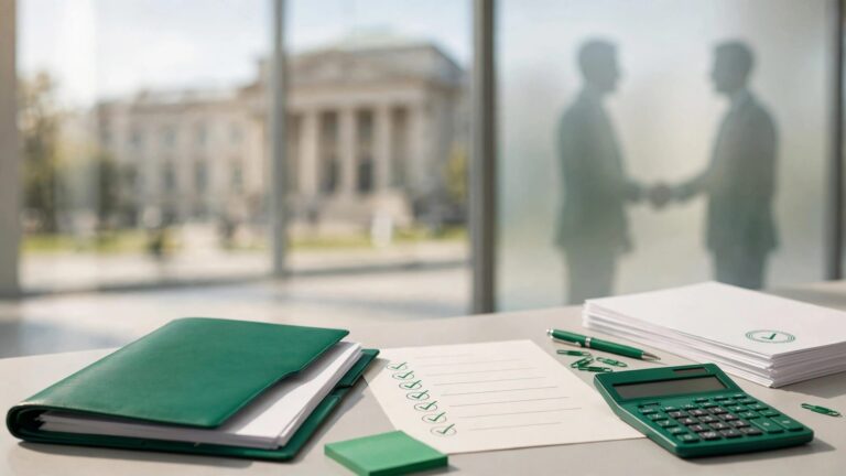 Green tender folder, checklist, calculator, and contract papers on a desk near a civic building.