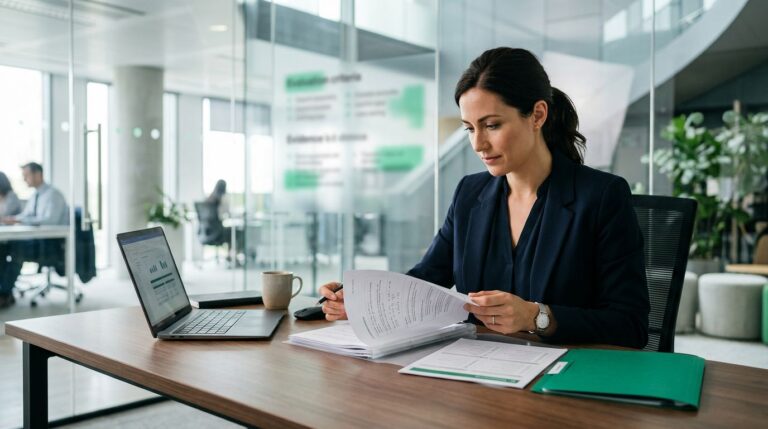 Tender manager reviewing proposal documents beside a laptop and green folder.