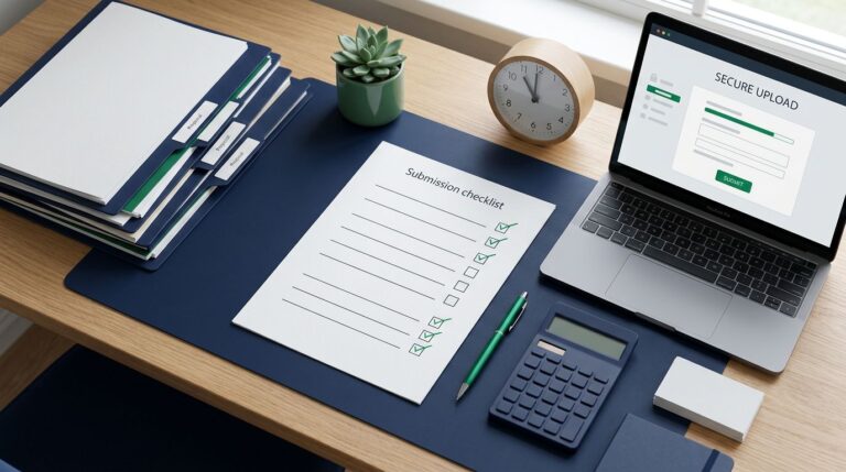 A procurement desk with a checklist, proposal papers, laptop, calculator, and clock.