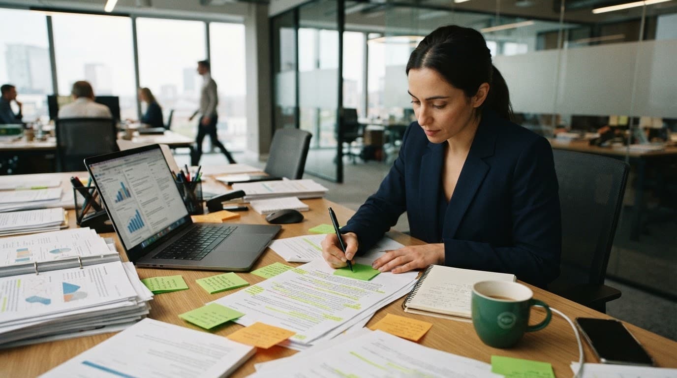 One person reviews proposal papers and sticky notes beside a laptop at a green-accented office desk.