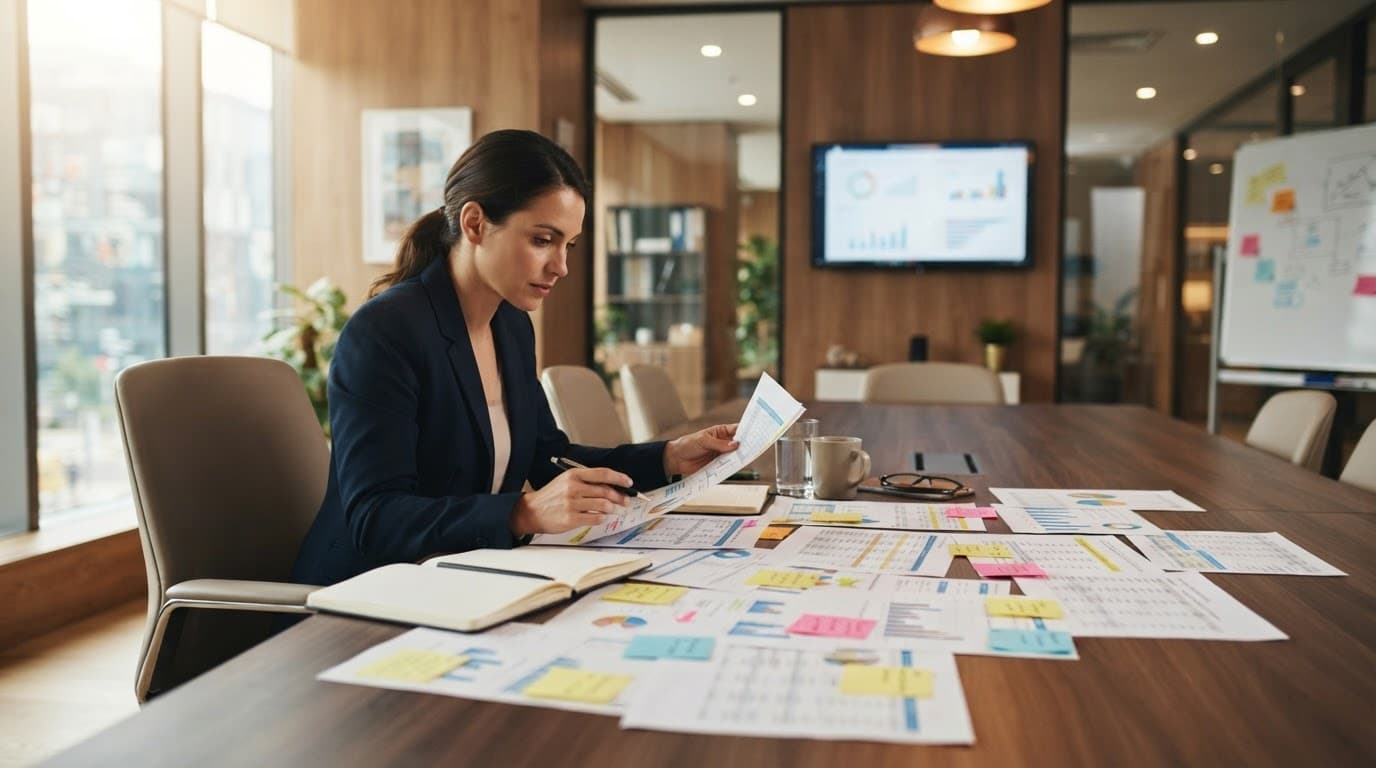 One person reviews papers beside documents and sticky notes at a warmly lit office table.