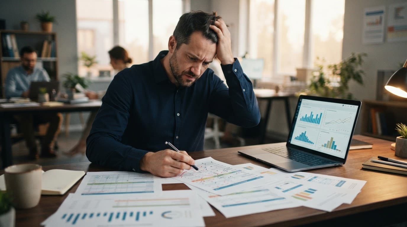 A professional reviews evaluation sheets beside a laptop with charts in a warm office.