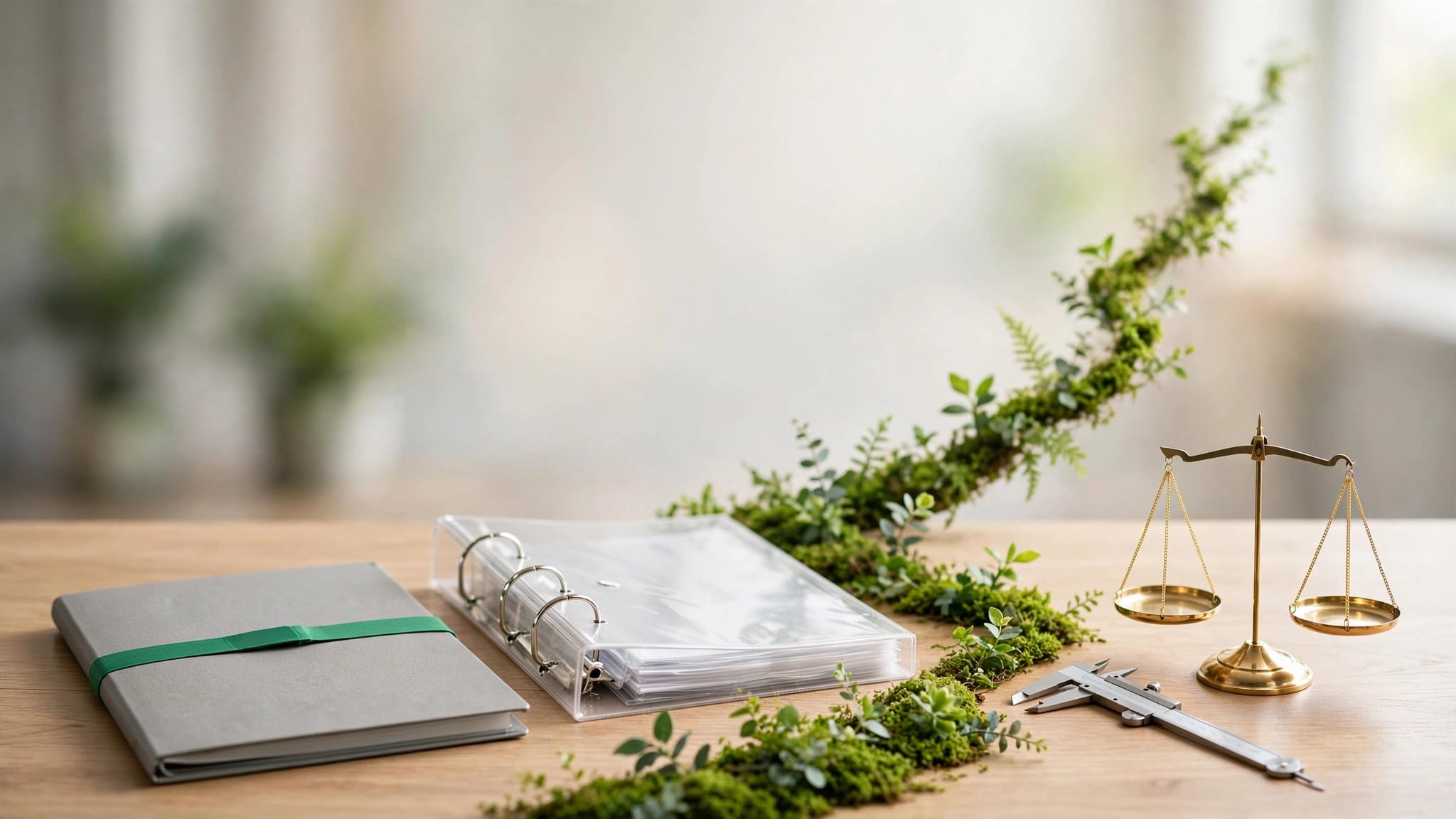 Contract documents, calipers, and a balanced scale arranged on a modern desk.
