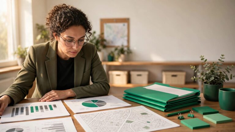 Nonprofit director reviewing grant documents, charts, and a neighborhood map at a desk.