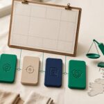 Organized desk with a blank planning board, colored budget blocks, and a UK map symbol.