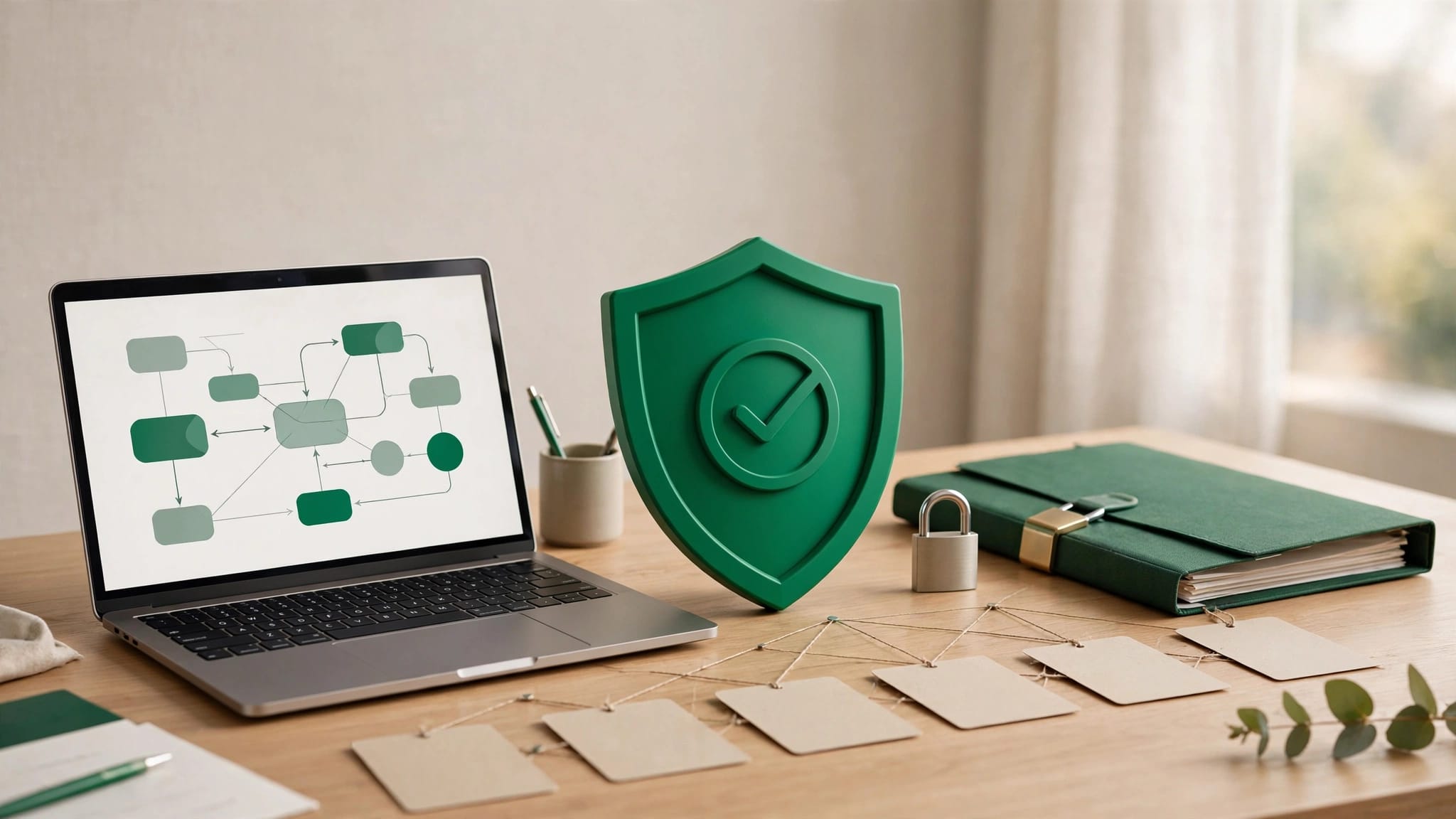 Desk with a laptop, green shield, secure folder, padlock, and evidence cards.