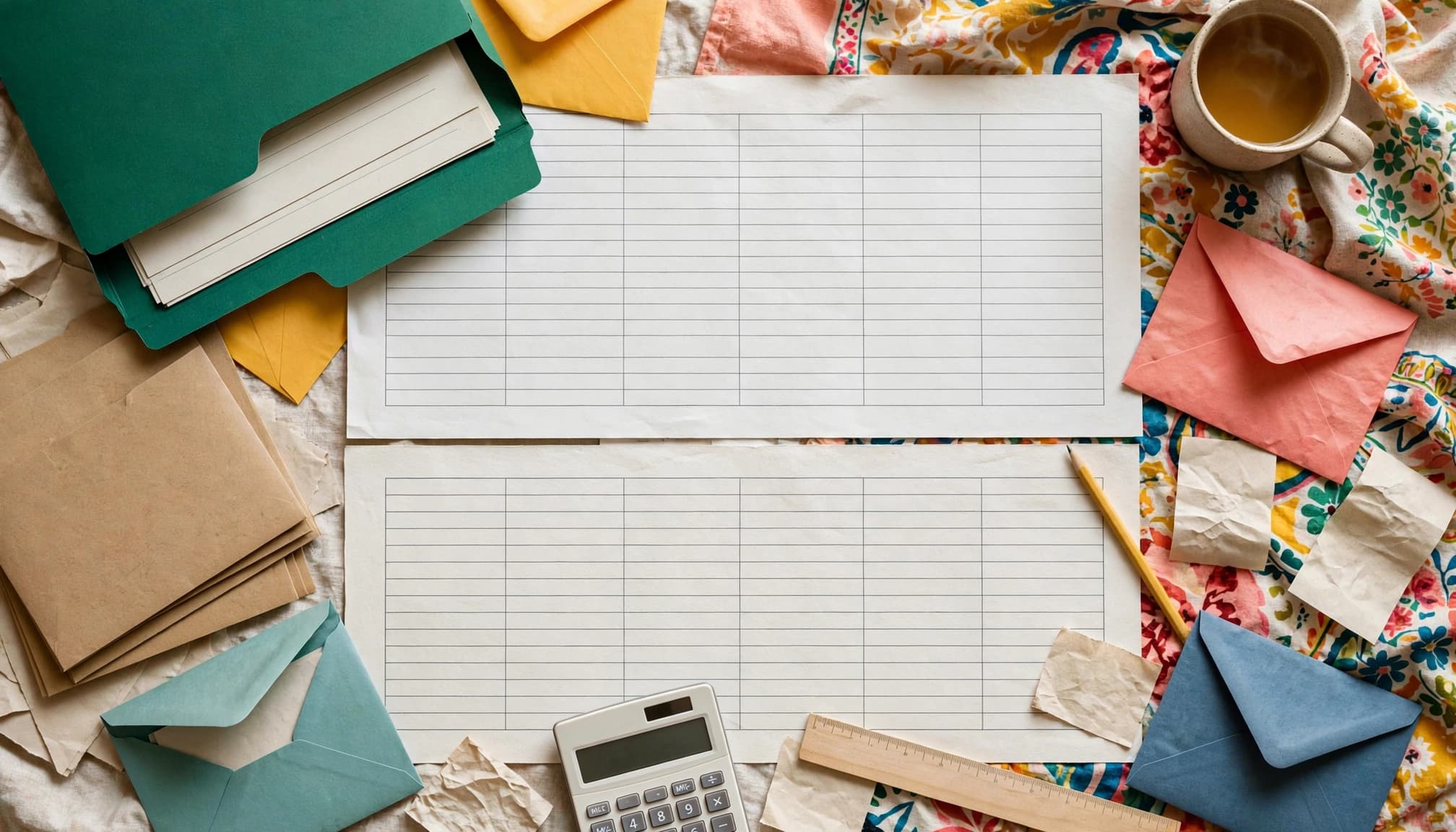 Overhead view of a grant planning table with envelopes, receipts, stationery, folders, and tea.