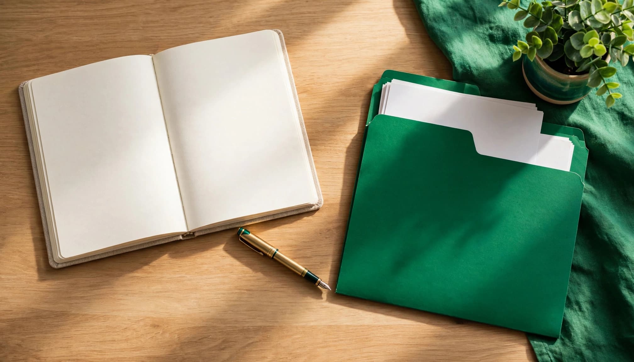 Open notebook, fountain pen, folder, and green plant on a sunlit desk.