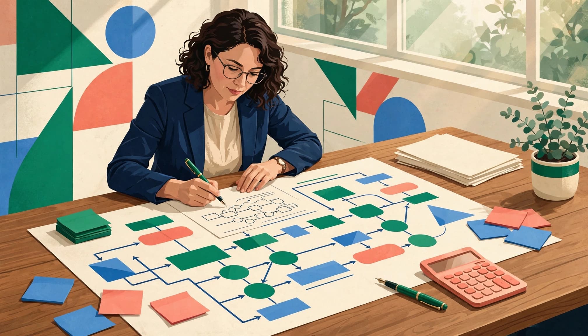 A bid manager reviews papers with a calculator, sticky notes, and fountain pen on a wooden table.
