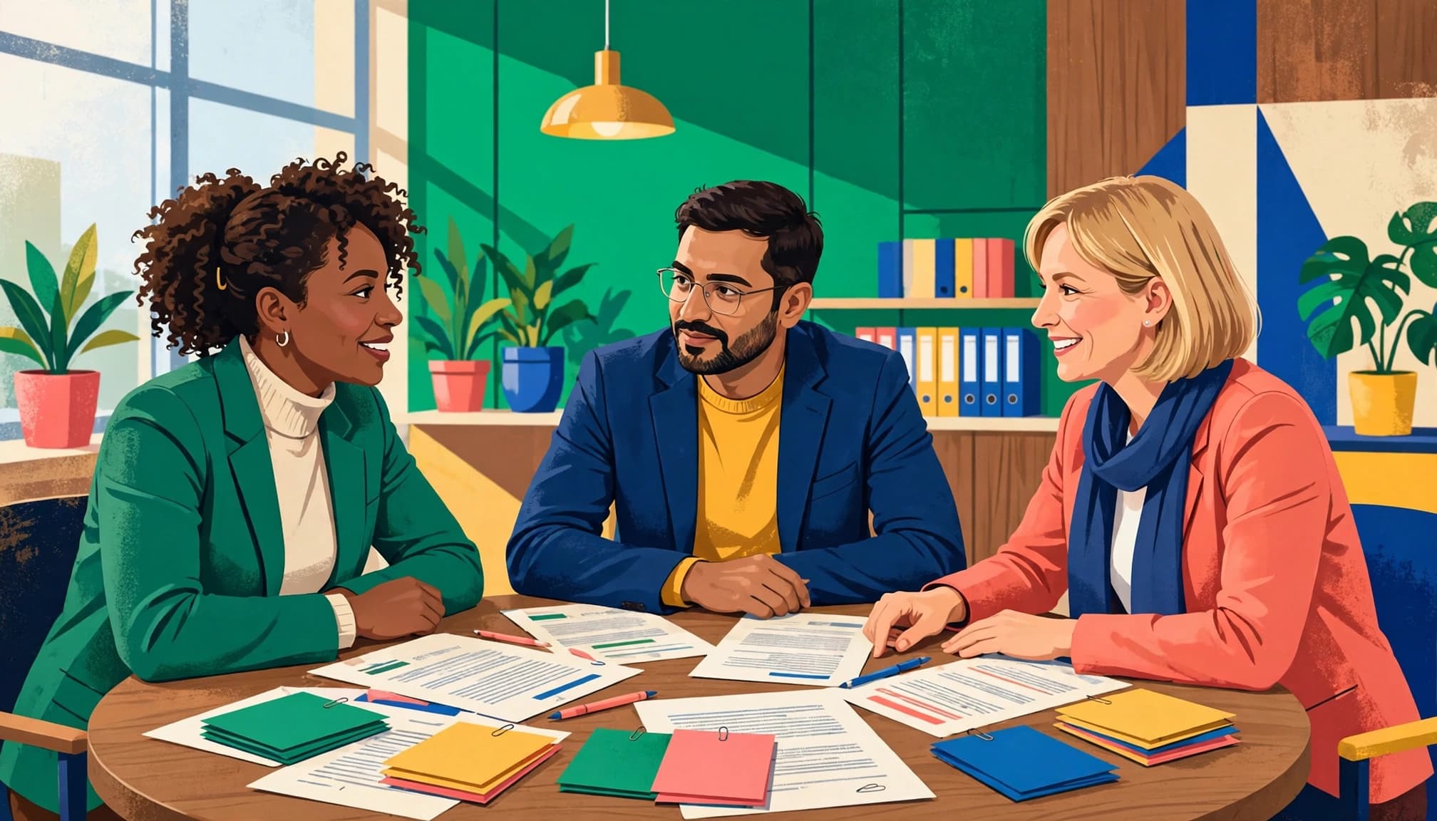 Three colleagues review contract papers and coloured cards around a round table.