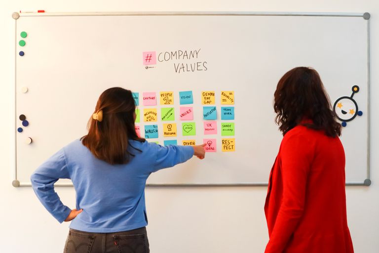 Two women discussing company values on a whiteboard in an office setting, emphasizing teamwork.