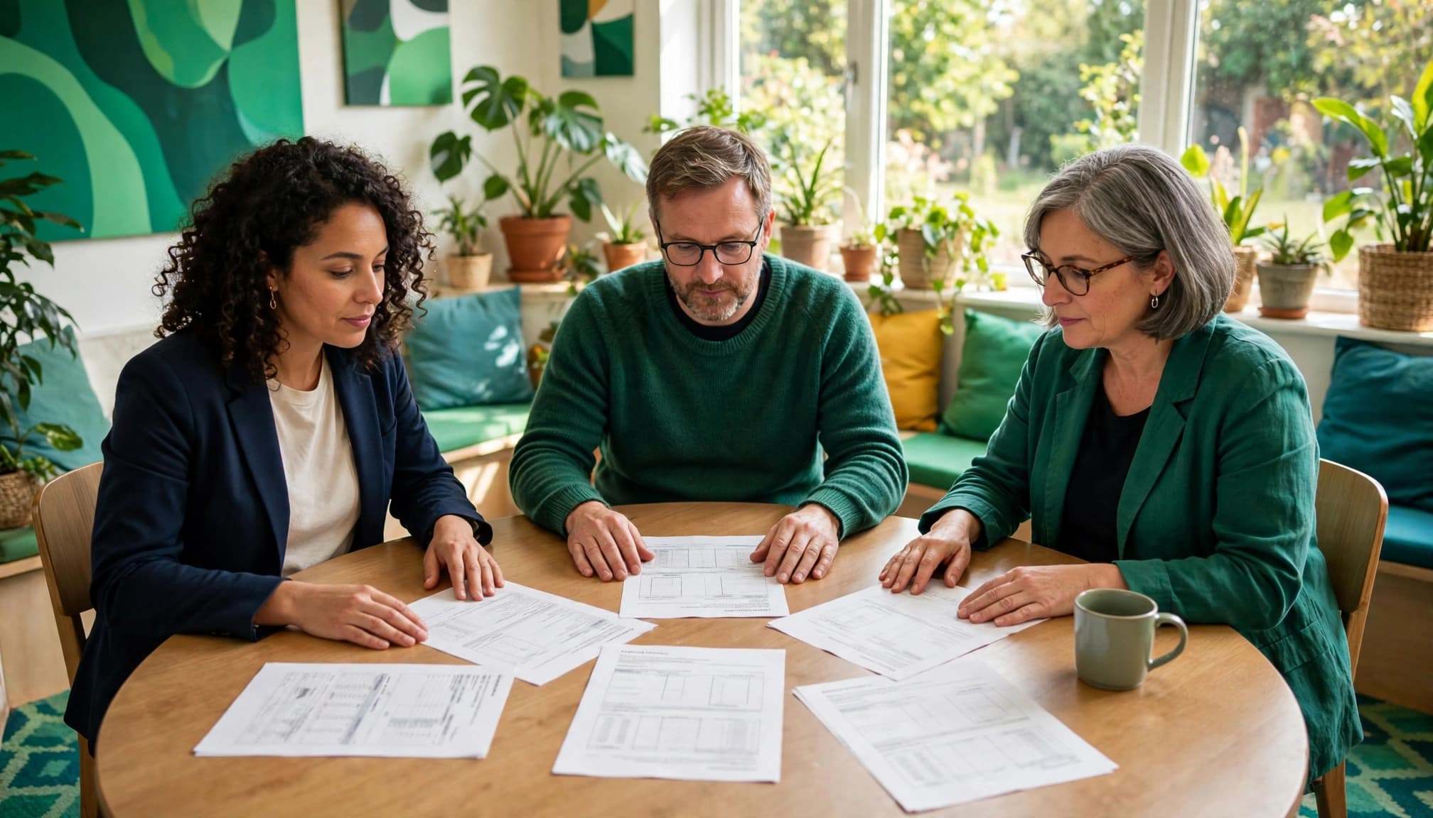 Three colleagues review papers around a table in a bright green meeting room.