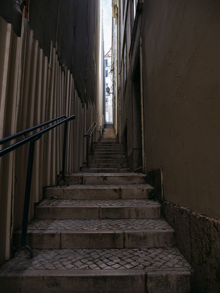 Explore a narrow alleyway featuring a perspective of steps leading upwards in an urban setting.