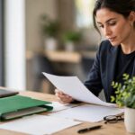 A procurement professional reviews a proposal beside a laptop and project papers.