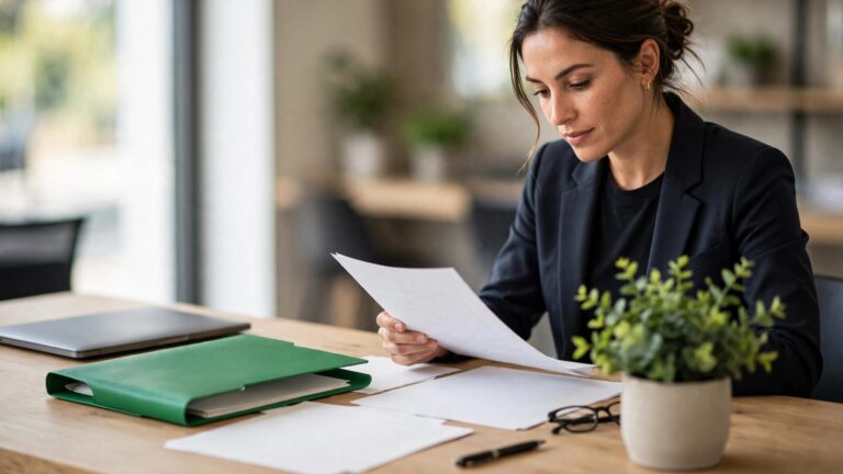 A procurement professional reviews a proposal beside a laptop and project papers.