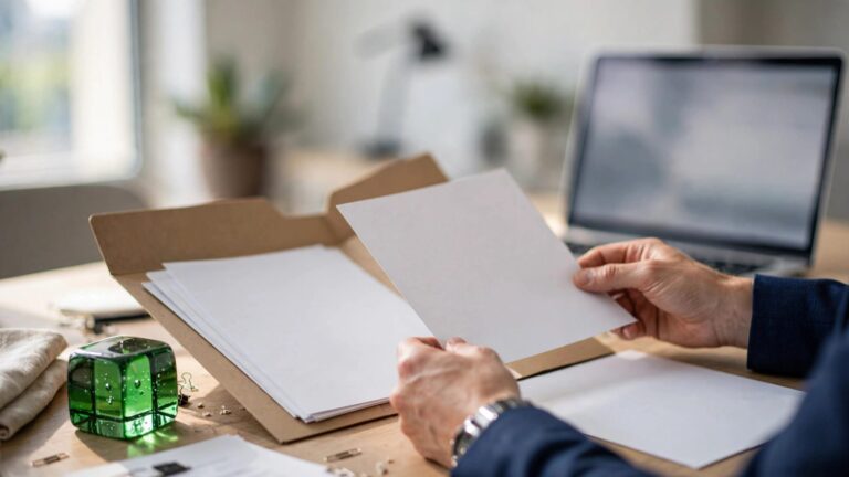 A professional compares blank tender documents beside a laptop and green glass paperweight.