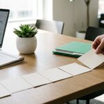 A hand arranges blank task cards beside a checklist, folder, and laptop.