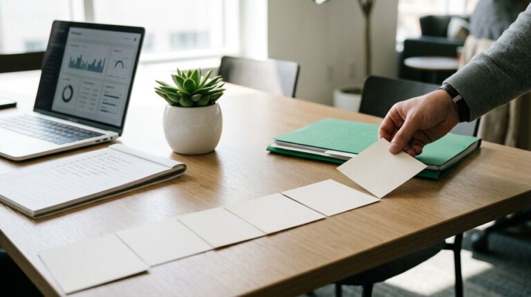 A hand arranges blank task cards beside a checklist, folder, and laptop.