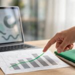 A hand points to a trend line beside a laptop, chart, green folder, and plant.
