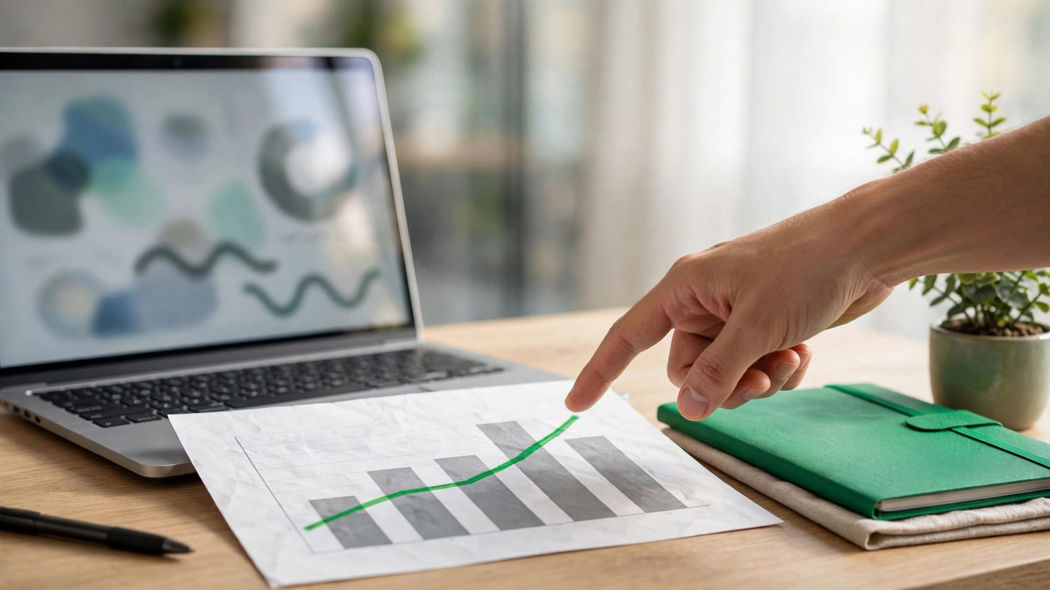 A hand points to a trend line beside a laptop, chart, green folder, and plant.
